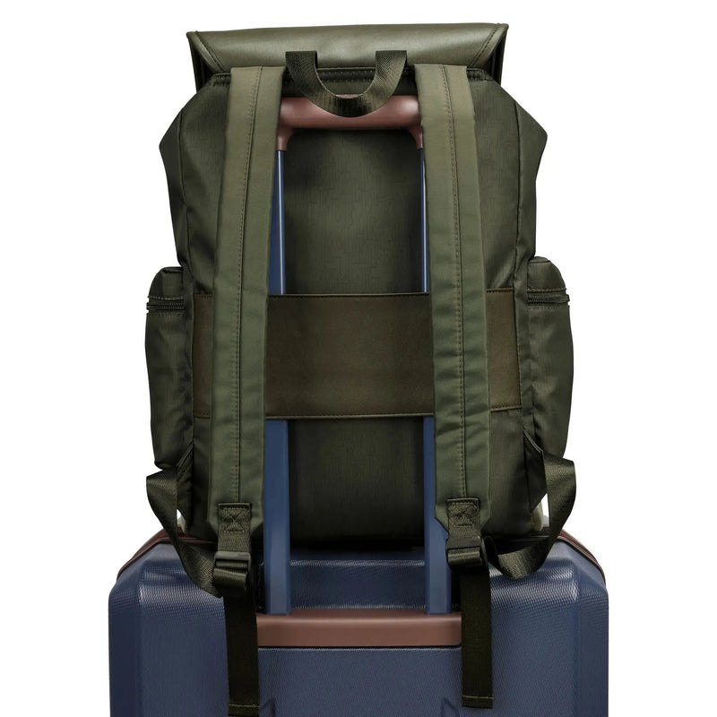Olive green backpack open, showing structured interior shelves and straps