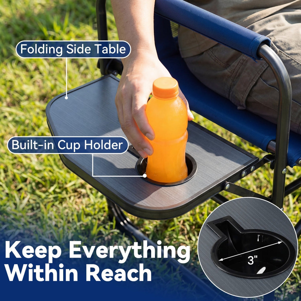 Blue folding camping chair with built-in cup holder and folding side table