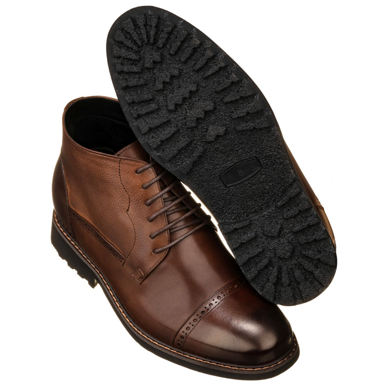 Coffee brown lace-up boots with textured tread outsole and stitched side seams