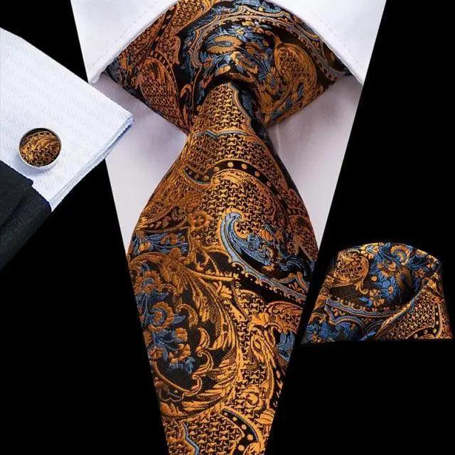 Men's tie set with pocket square and cufflinks, brown and blue ornate paisley tie
