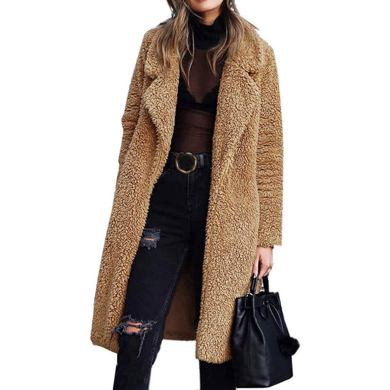 Women's fuzzy fleece open-front lapel long coat, tan teddy texture.