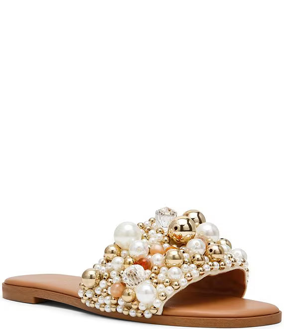 Steve Madden embellished slide sandals with faux pearls and gold bead ornaments