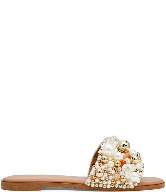 Steve Madden embellished slide sandals with pearl, crystal, and gold bead upper