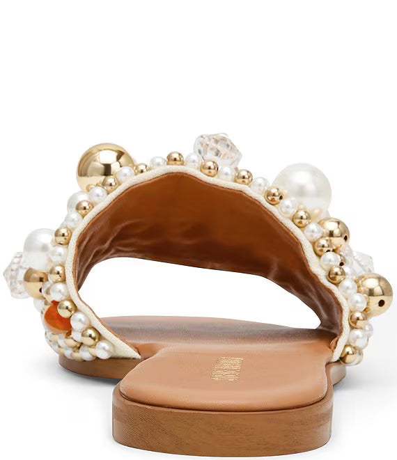 Steve Madden jeweled slide sandals with pearl and crystal toe strap on tan footbed