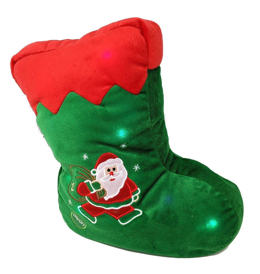 Green Christmas stocking-shaped LED throw pillow with Santa applique and red cuff