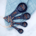 Dark speckled ceramic measuring spoons with dragonfly art and 1 tsp, 1/2 tsp markings