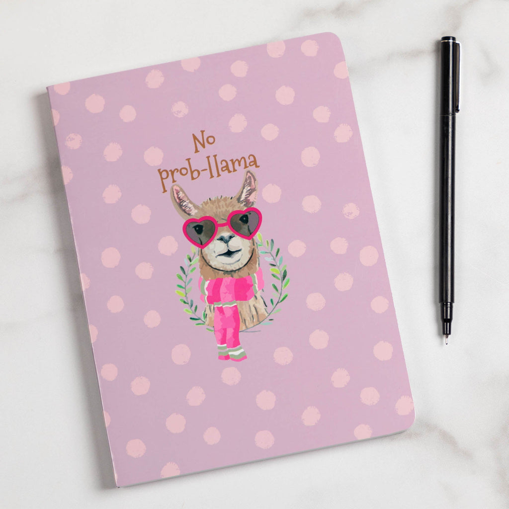 Pink notebook journal with llama illustration, heart glasses, and "No prob-llama" text