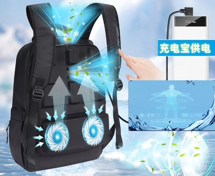 Black multi-compartment backpack with ventilated cooling design and adjustable straps