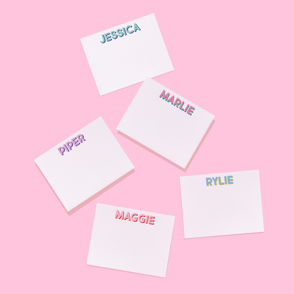 Personalized stationery set of name cards with “JESSICA,” “MARIE,” “PIPER,” “RYLIE”