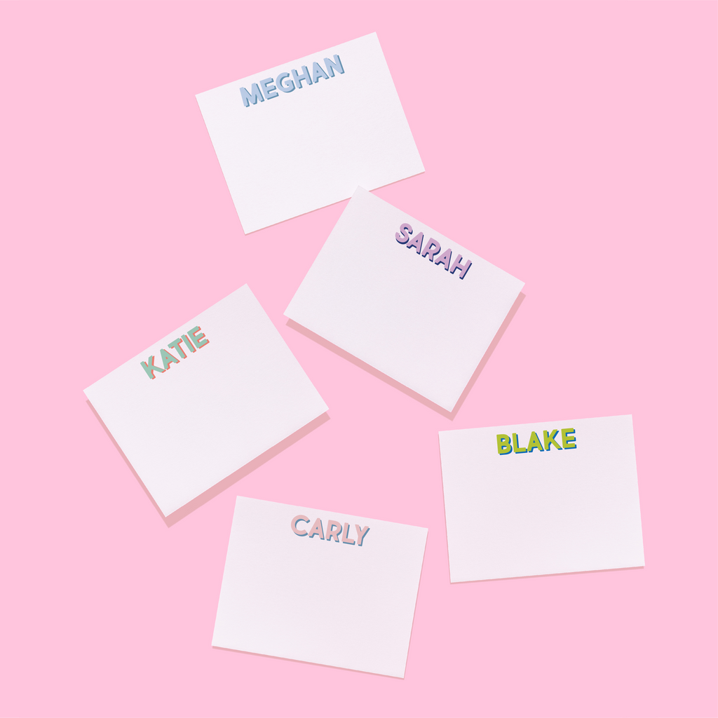 Personalized stationery set of name cards with “MEGHAN,” “KATIE,” “SARAH,” “BLAKE”