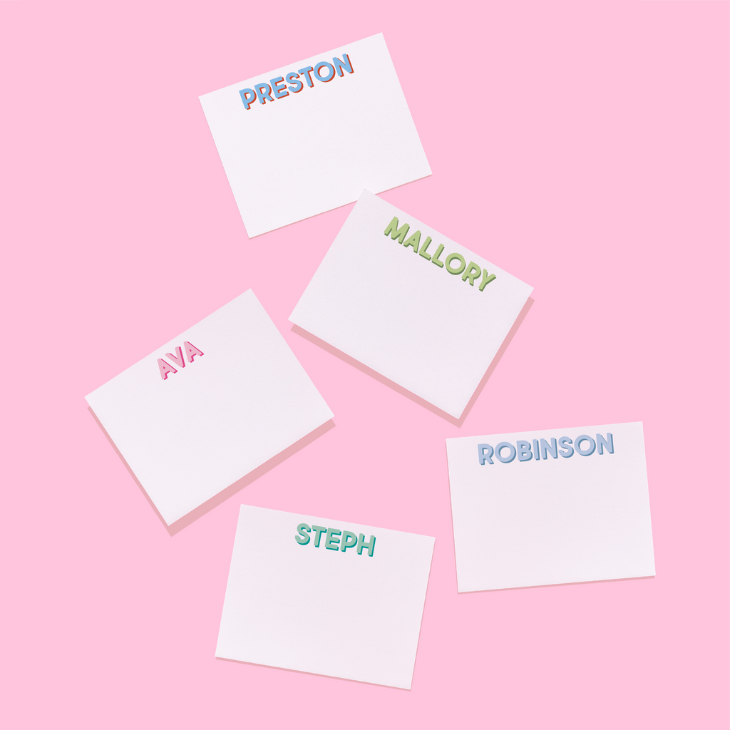 Personalized stationery set of name cards with “PRESTON,” “AVA,” “MALLO RY,” “ROBINSON”