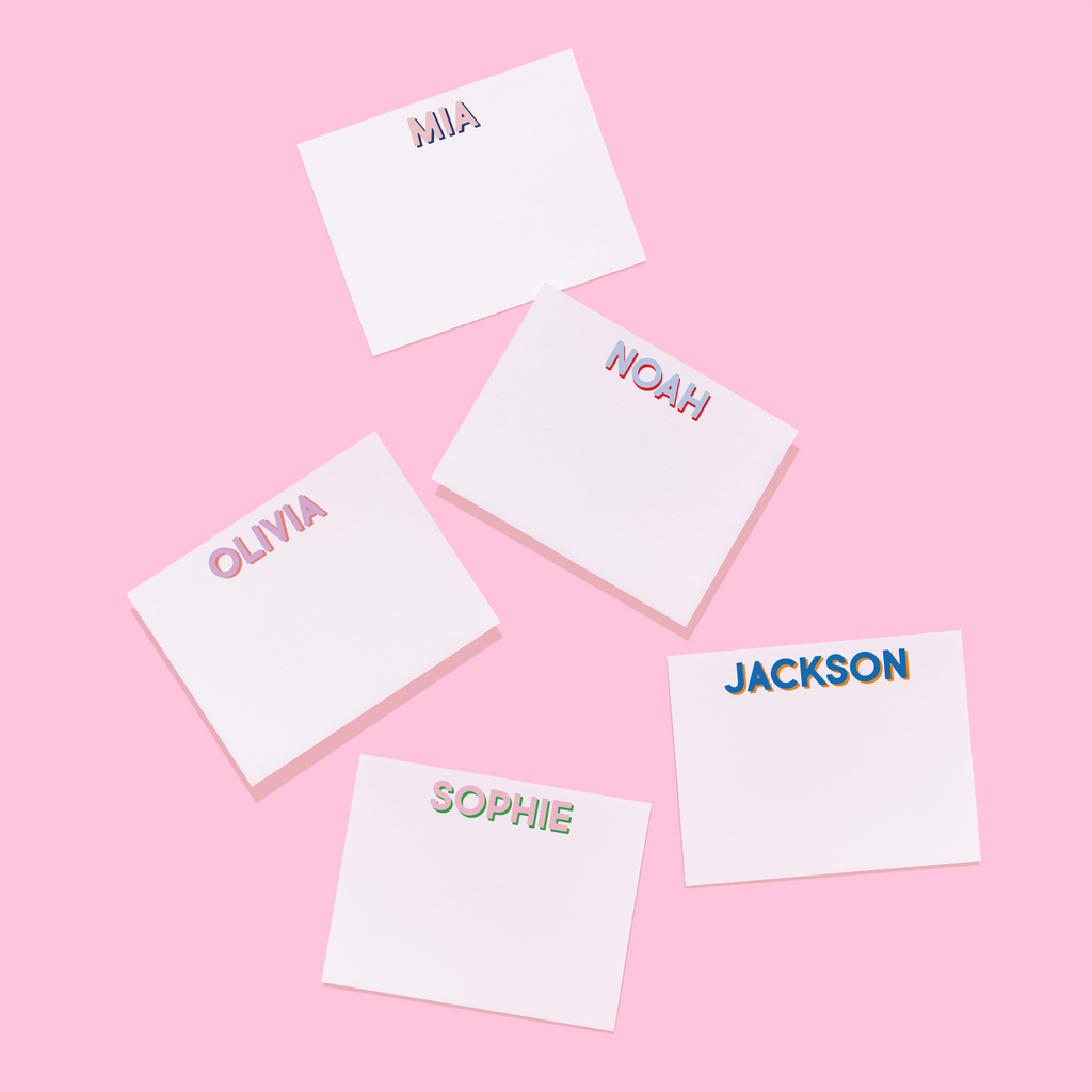 Personalized stationery set of name cards with “MIA,” “OLIVIA,” “NOAH,” “JACKSON”