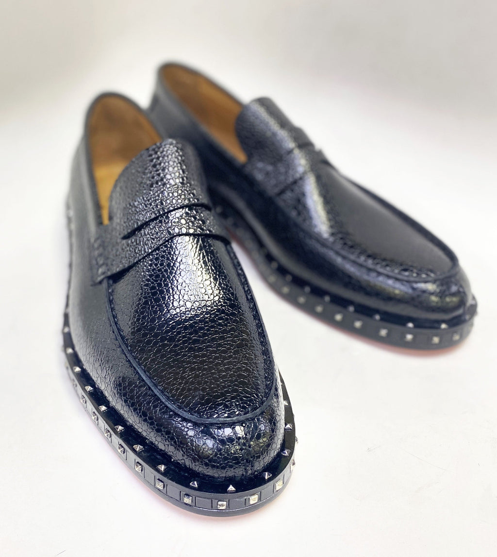 Caviar leather loafer, slip-on with textured upper and studded platform sole