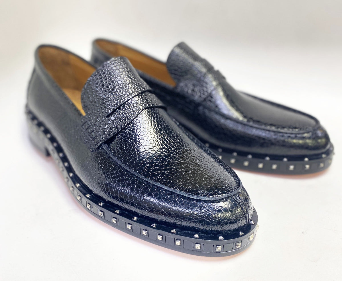 C Collection caviar leather loafer with dark textured upper and studded platform sole
