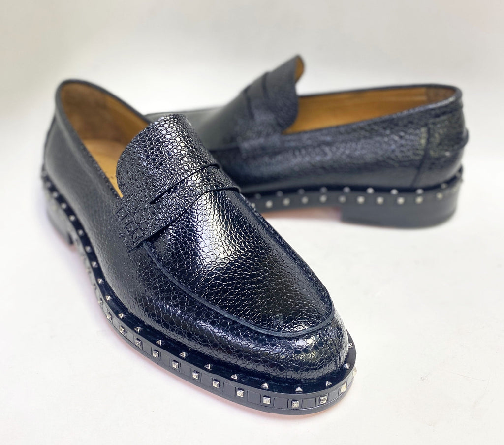 C Collection caviar leather loafer with textured black upper and studded platform sole