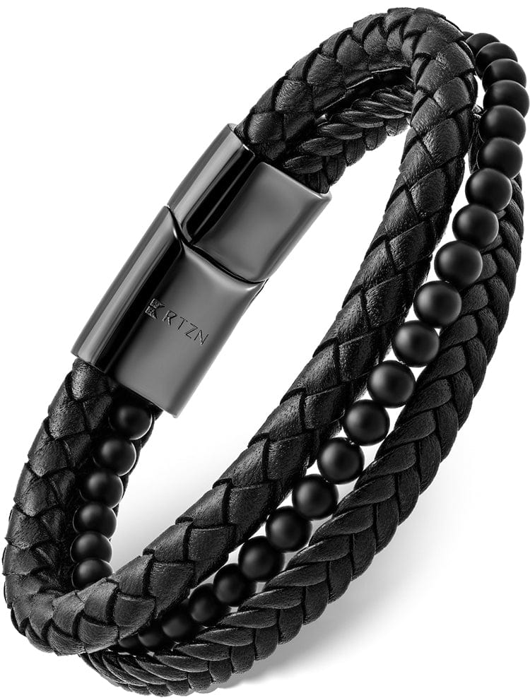 Black leather and black bead bracelet with stainless-steel clasp.