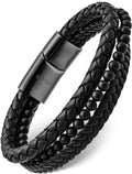 Black leather and black bead bracelet with stainless-steel clasp.