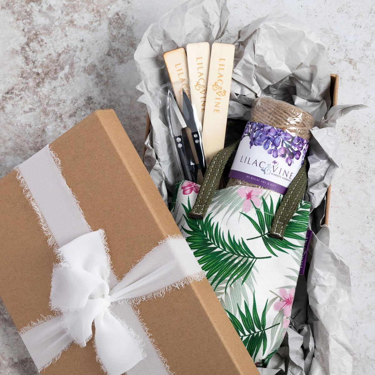Mini gardening gift set tray: floral tote bag, scissors, seed packet, wooden markers