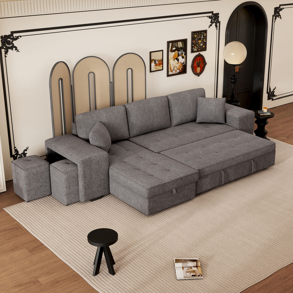 Dark gray L-shape reversible sleeper sectional sofa with pull-out bed and storage chaise