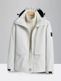 White zip-up hooded waterproof jacket with front pockets