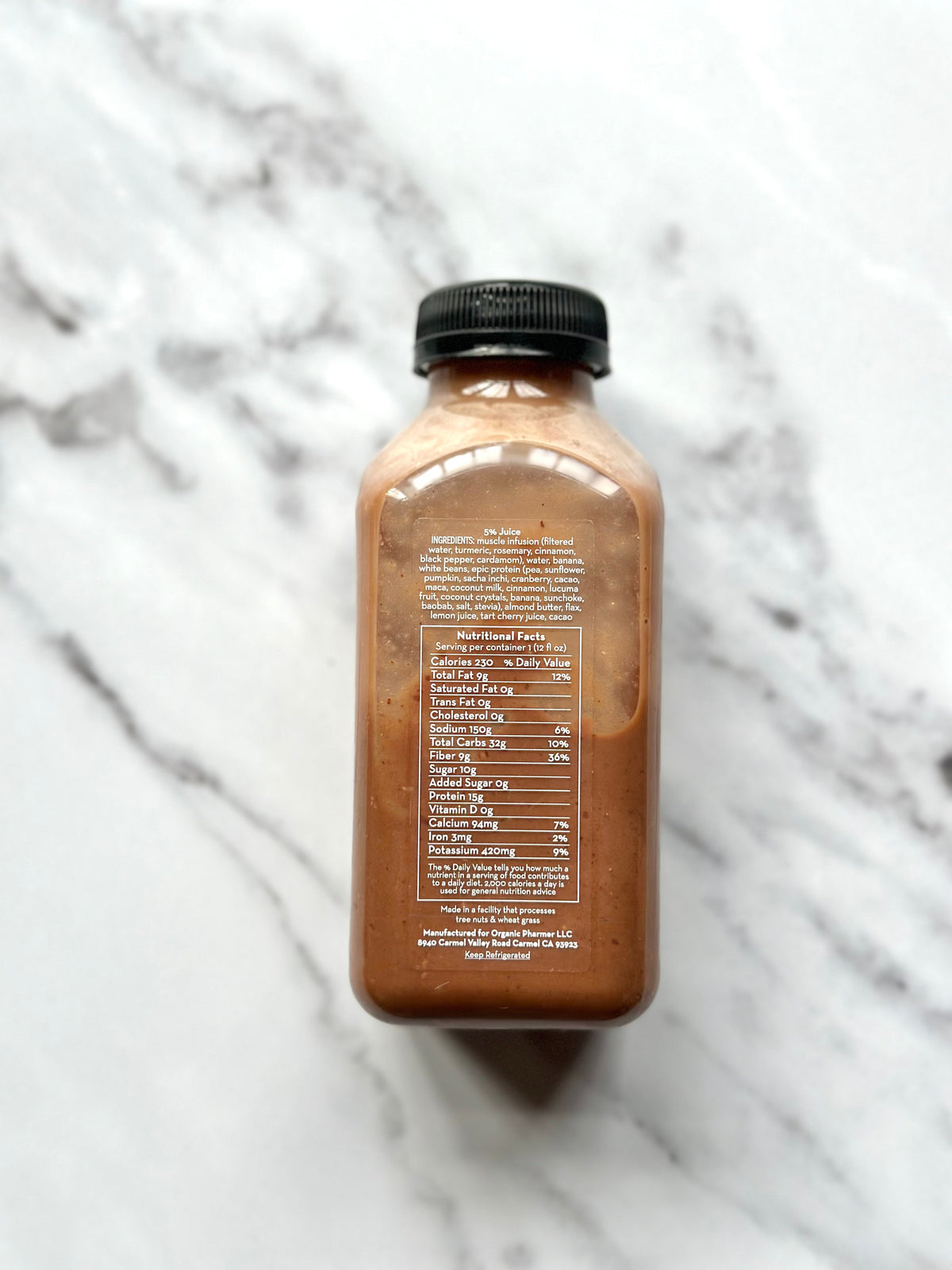 Organic Pharmer protein shake bottle, back panel nutrition and ingredients