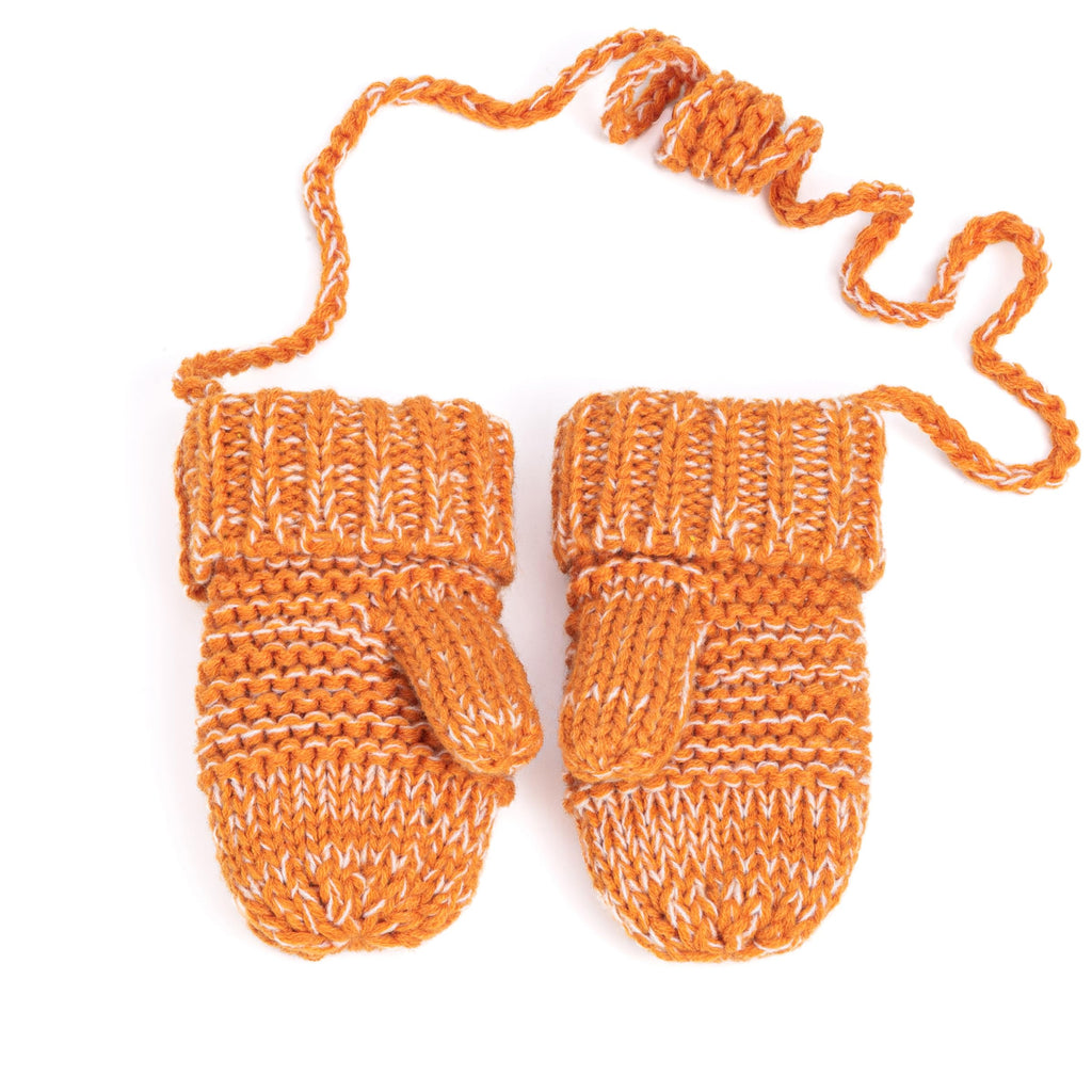 Pair of orange knit chick mittens with fingerless knit texture and attached cord loops.