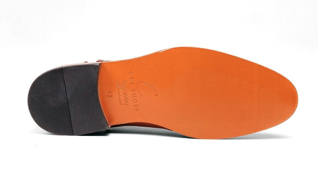 Cognac oxford shoe outsole view with orange insole and size marking
