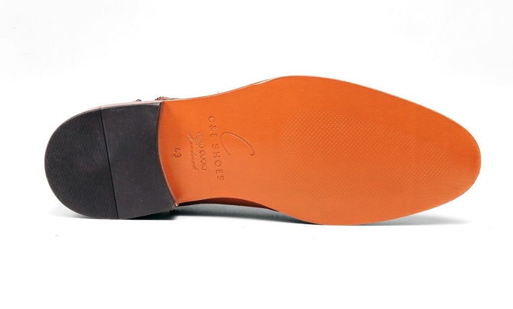 Cognac oxford shoe outsole view with orange insole and size marking