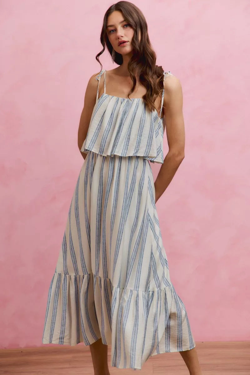 Blue-and-white striped tiered midi dress with tie shoulder straps and layered ruffle hem