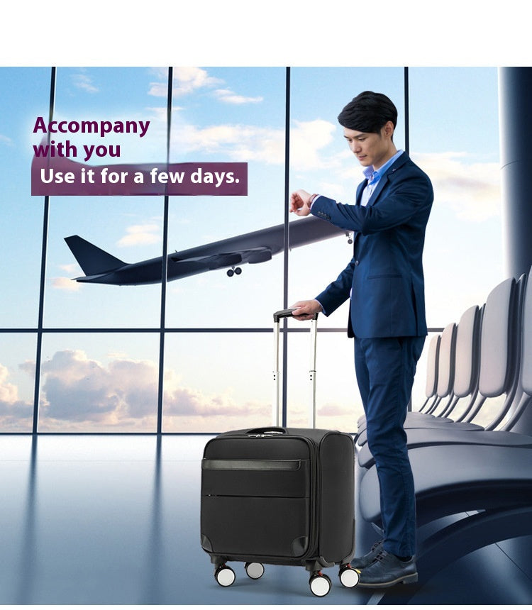 Black compact rolling suitcase with telescoping handle and four spinner wheels.
