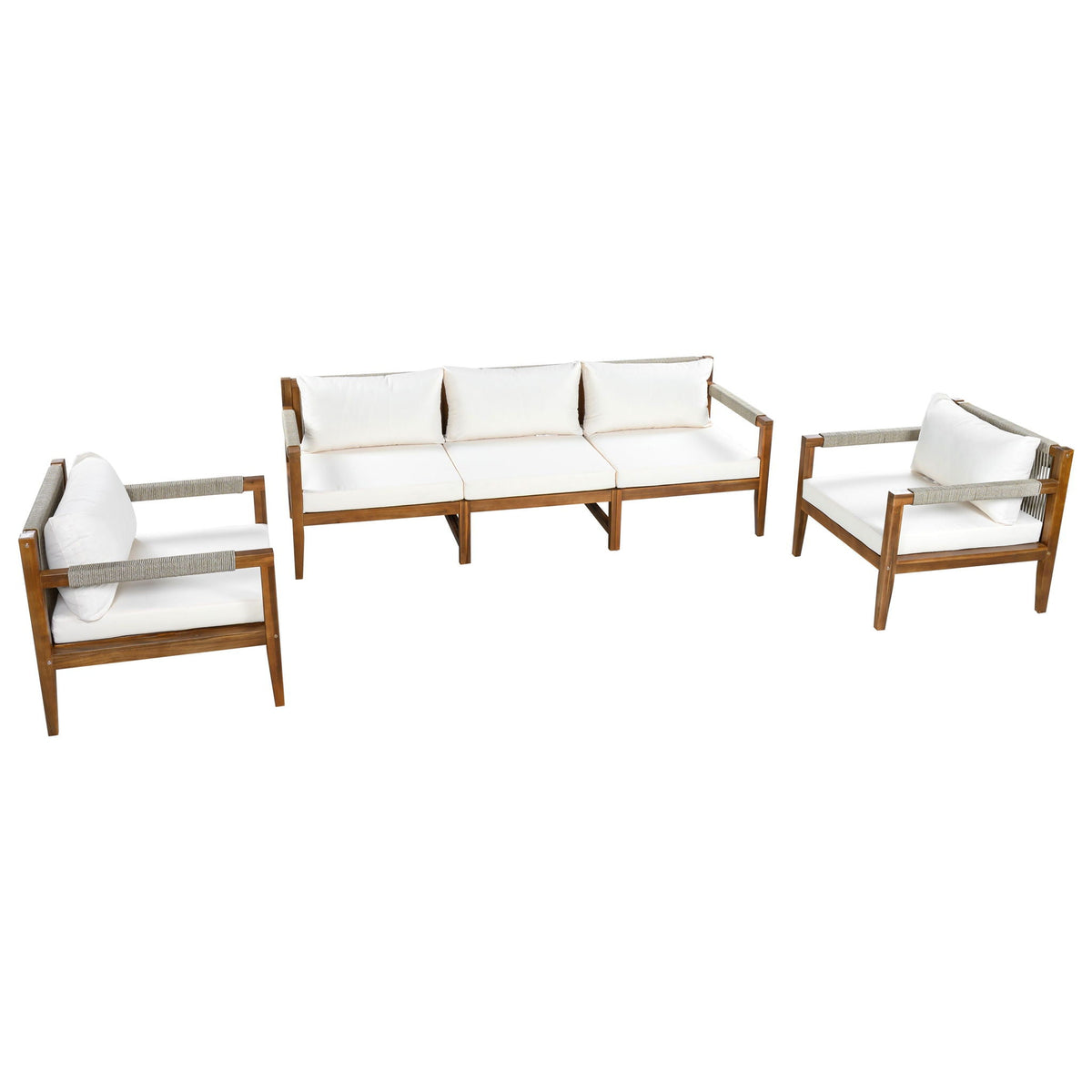 Outdoor sectional sofa set with acacia wood frame, white cushions, rope-textured armrests