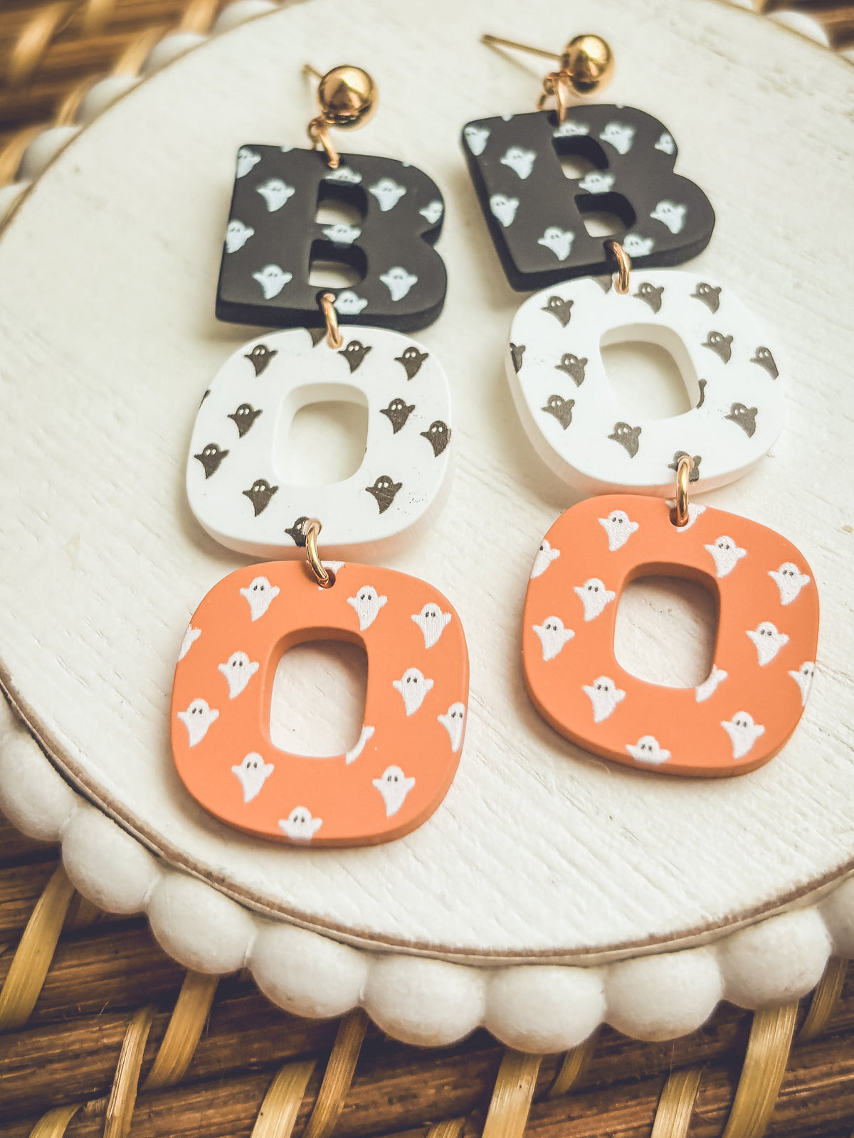 Halloween letter B earrings: black and white heart tiles with orange fox-pattern rings