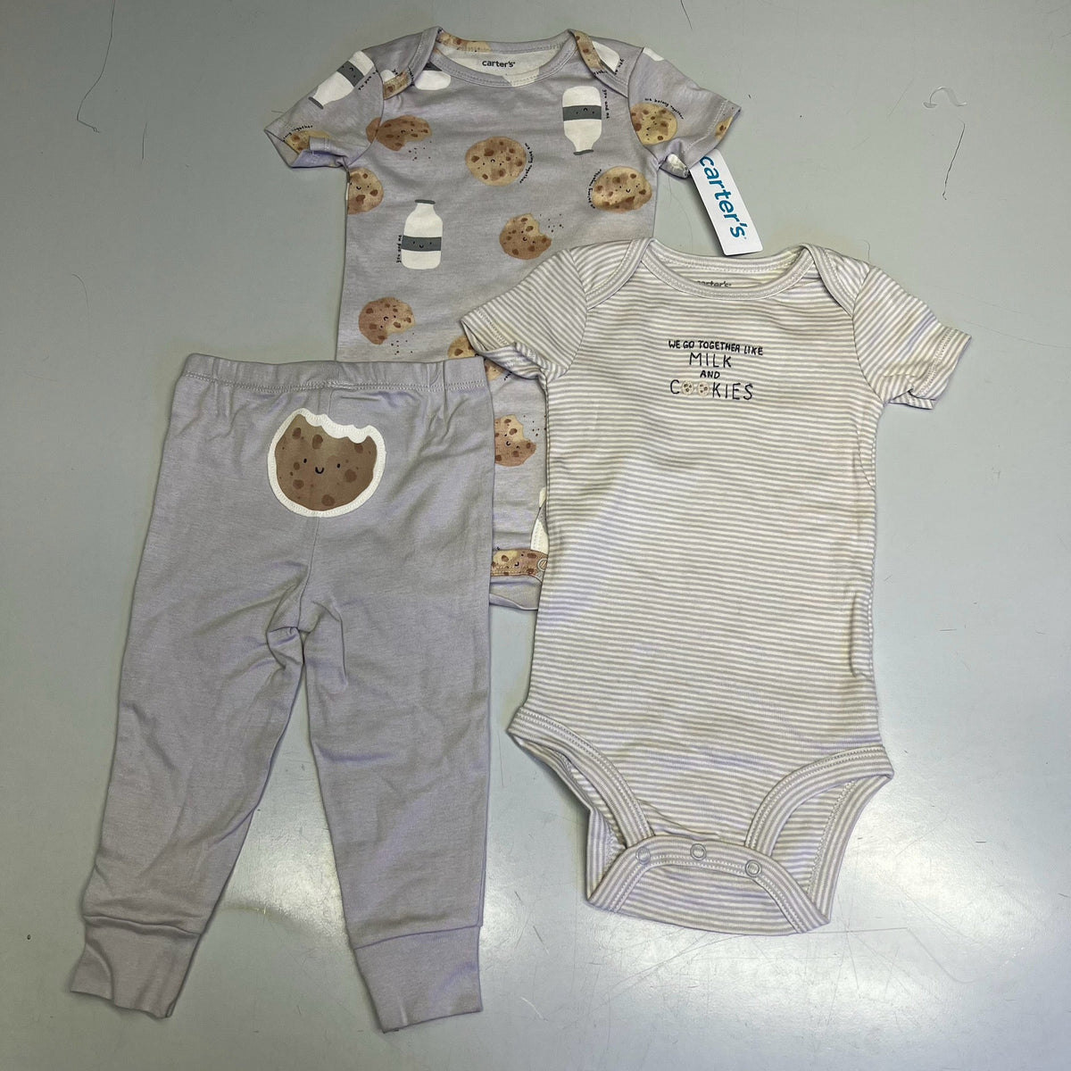 Baby cotton bodysuit set with cookie-print and striped tops plus gray pants