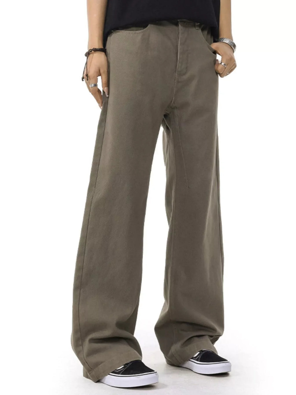 Coffee-brown wide-leg casual pants, side view, with button fly and deep front pockets
