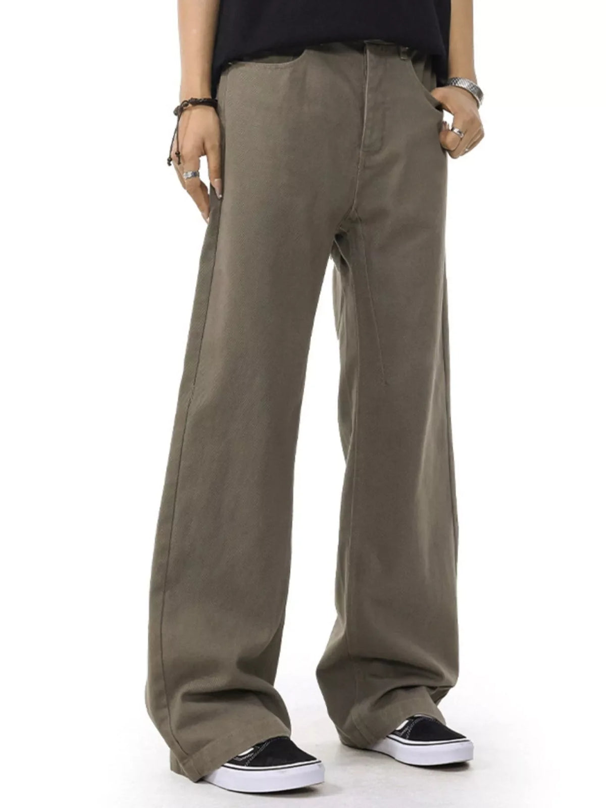 Coffee-brown wide-leg casual pants, side view, with button fly and deep front pockets