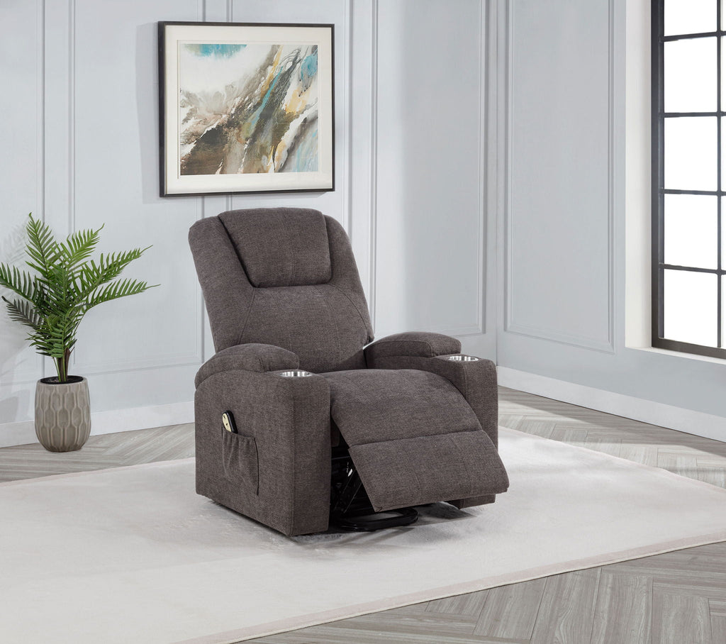 Louie Chenille power lift massage chair with reclining seat and arm controls, dark chenille