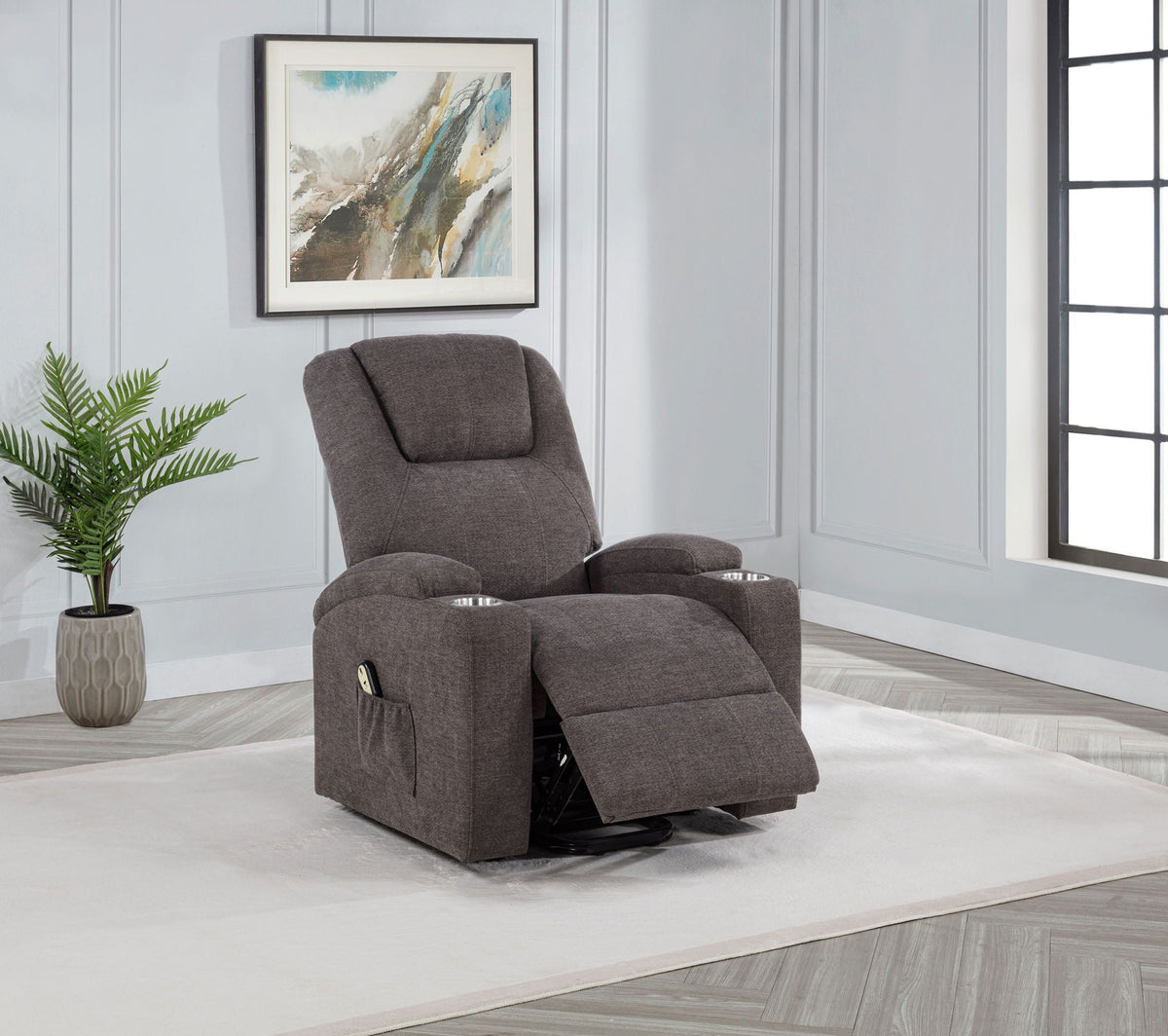 Louie Chenille power lift massage chair with reclining seat and arm controls, dark chenille