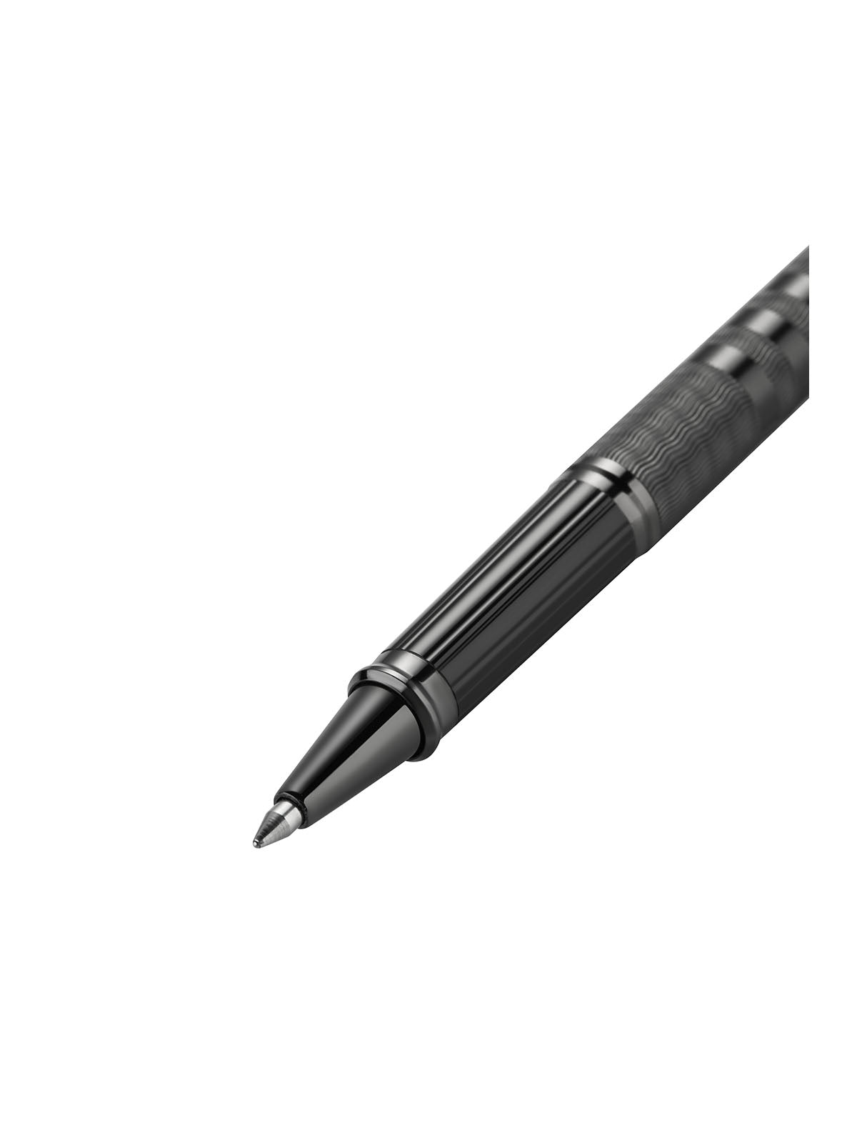 Midnight black rollerball pen tip with knurled grip detail