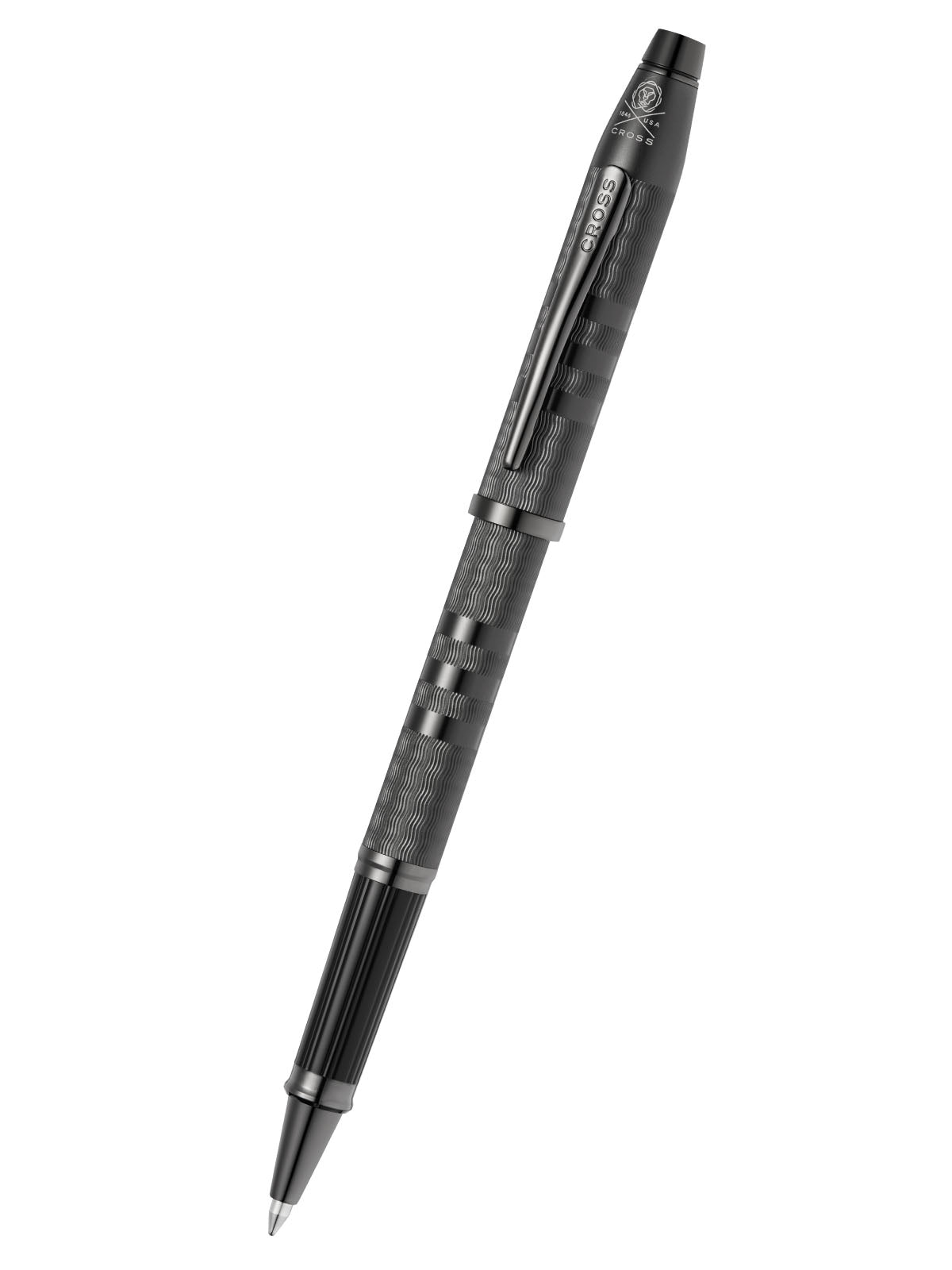 Midnight black rollerball pen with textured grip and clip