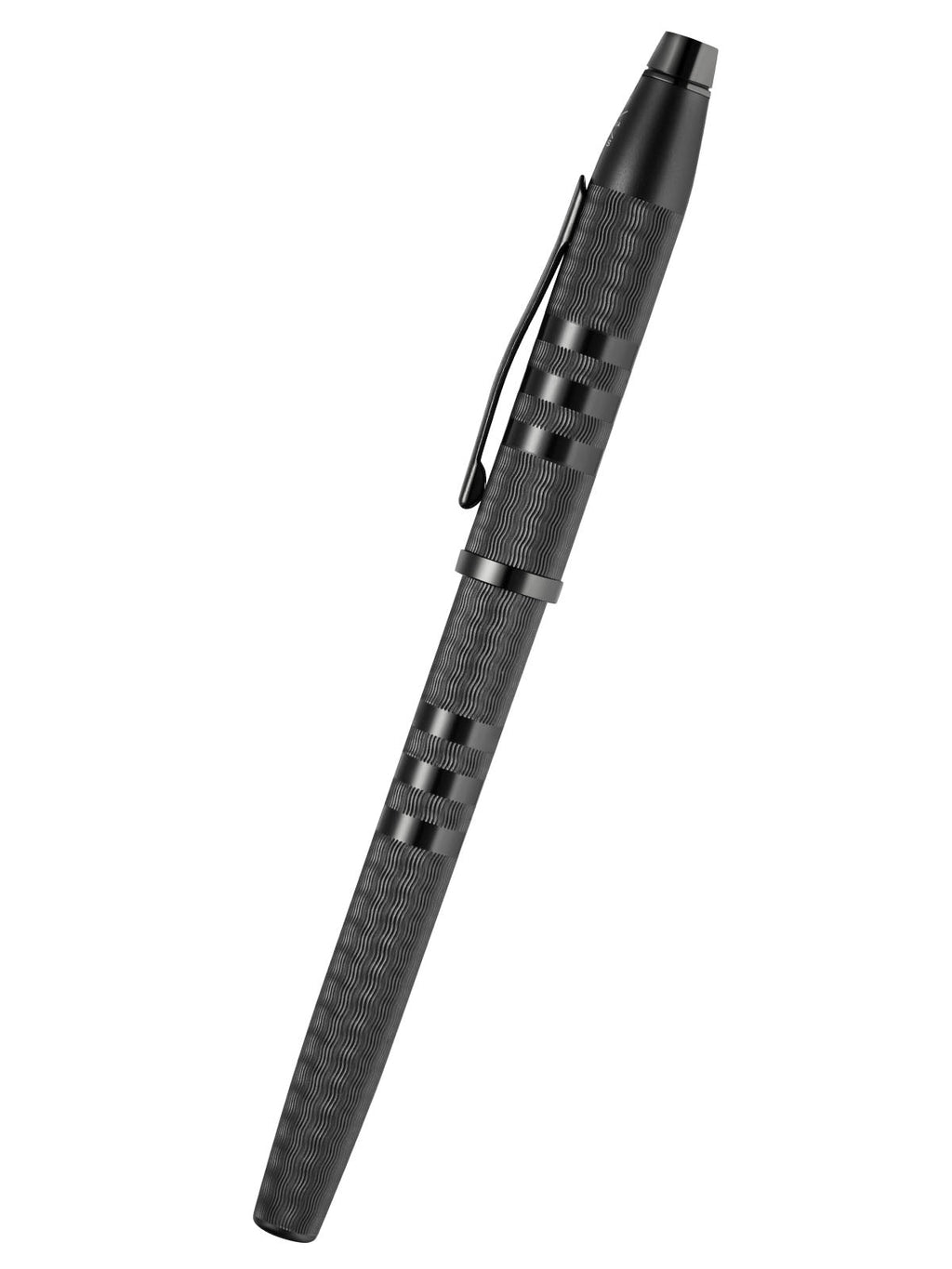 Midnight black rollerball pen with textured grip and metal clip