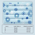 Blue pet ice pad with snowflake pattern and size chart (S-L)