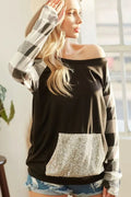 Black French terry top with check raglan sleeves and gold sequin kangaroo pocket