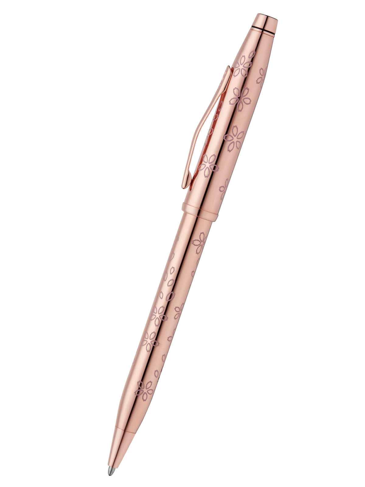 Rose gold plated ballpoint pen with cherry blossom pattern, side view