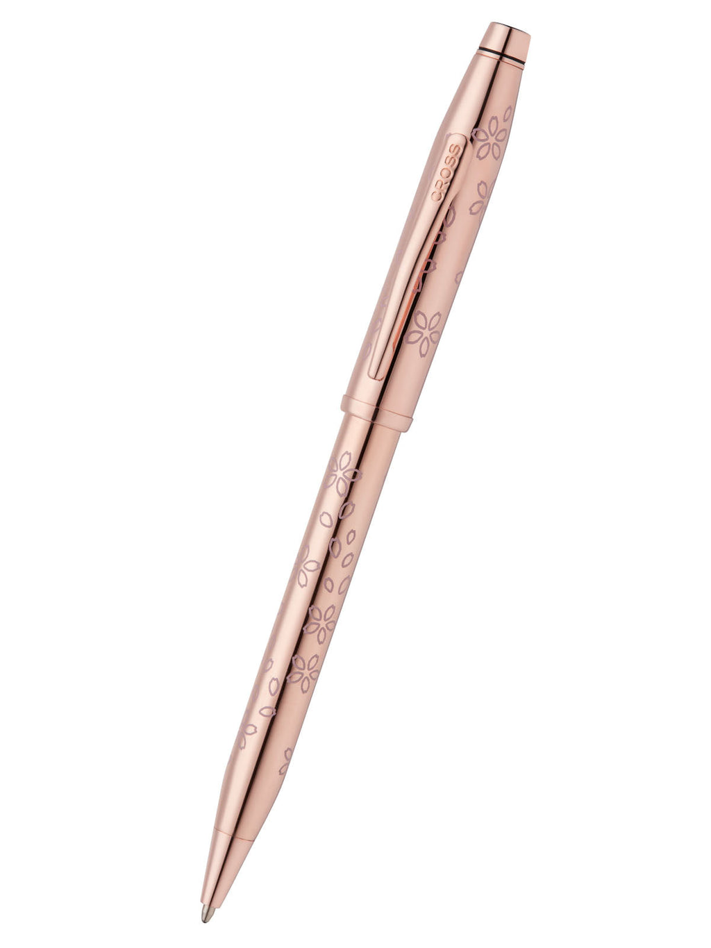 Rose gold plated ballpoint pen with cherry blossom pattern, capped barrel
