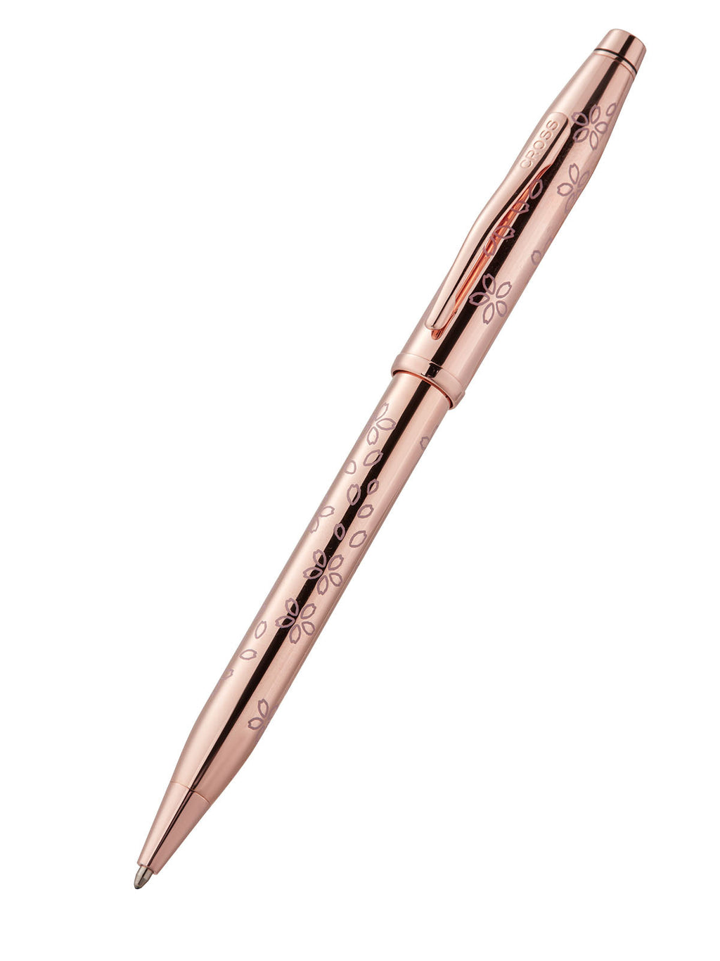 Rose gold plated ballpoint pen with cherry blossom pattern and pointed tip