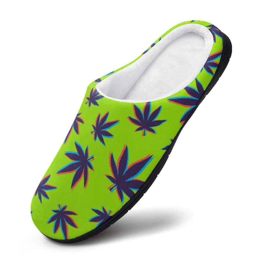 Neon green cotton slipper with colorful leaf/starburst pattern and black rubber edge