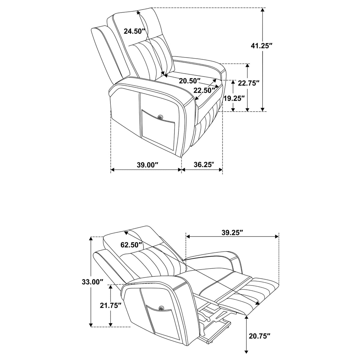 Power lift recliner chair diagram with labeled dimensions and recline positions