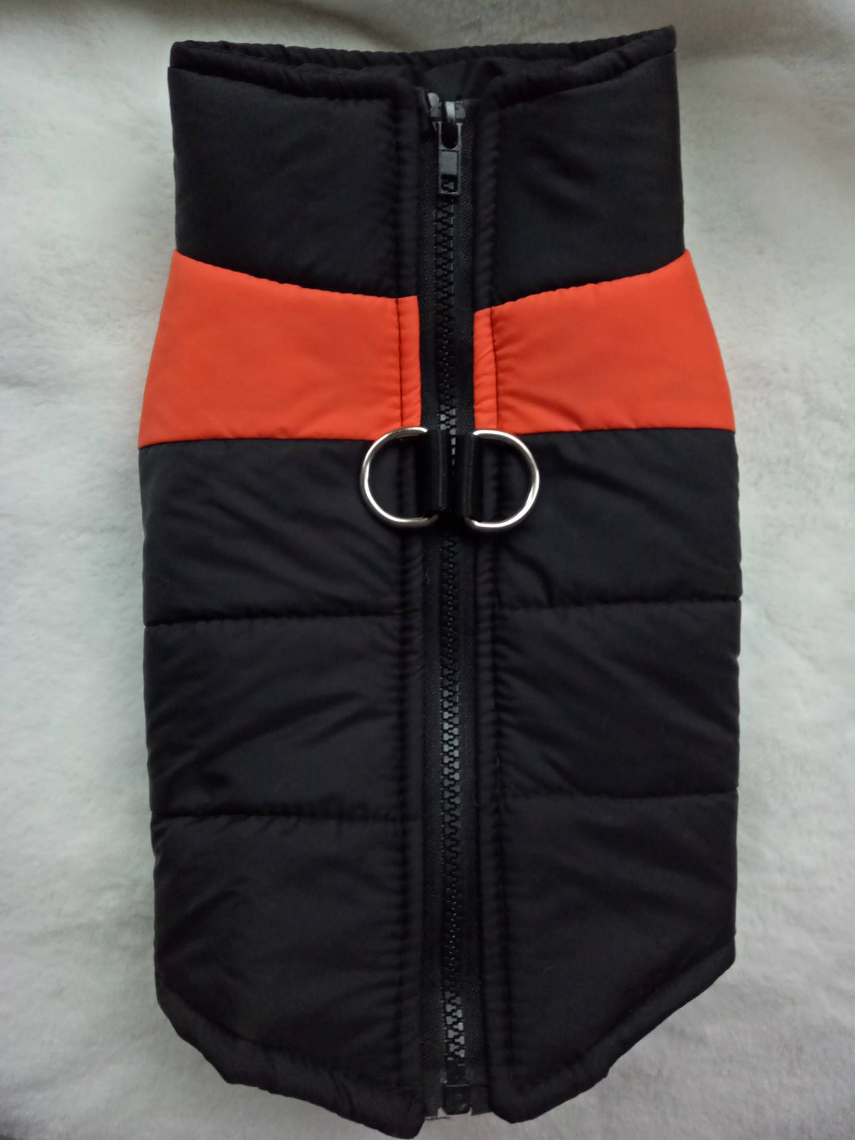 Pet puffer ski suit vest in black with orange stripe and front zipper