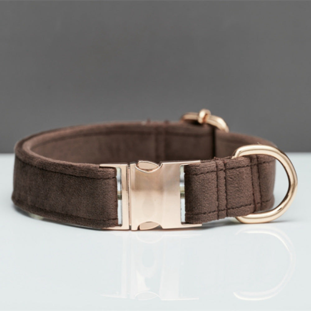 Dark brown velvet dog collar close-up with gold-tone buckle and ring hardware