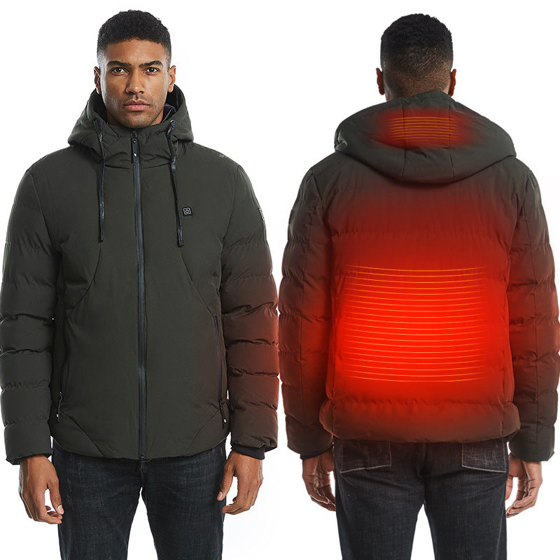 Men's heated cotton coat with hood, dark green, front view with zipper